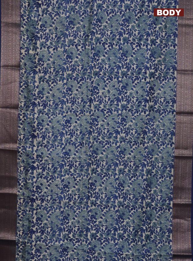 Chanderi silk cotton saree off white and peacock blue with allover floral prints and banarsi style border