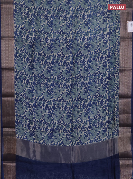 Chanderi silk cotton saree off white and peacock blue with allover floral prints and banarsi style border