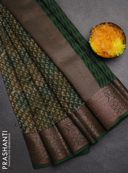 Chanderi silk cotton saree sap green and green with allover prints and banarsi style border