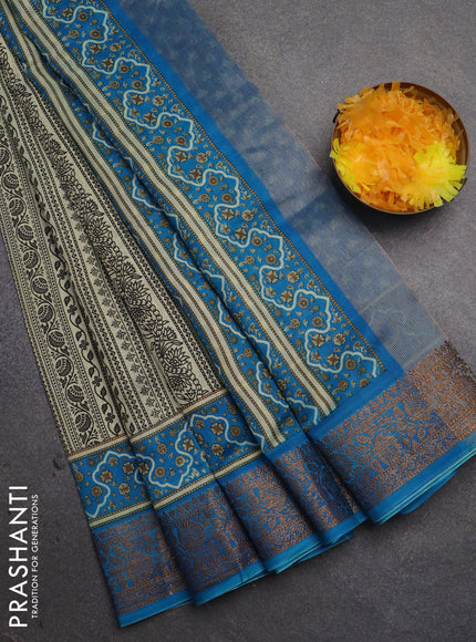 Chanderi silk cotton saree cream and cs blue with allover prints and banarsi style border