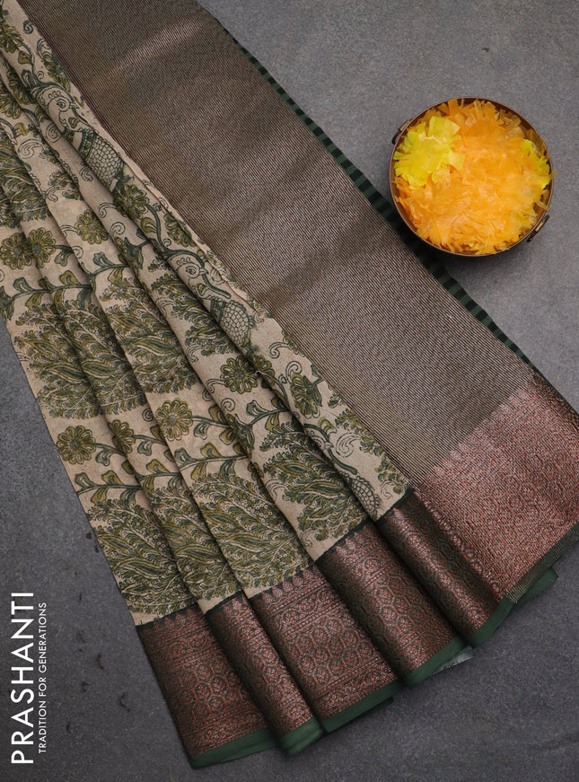 Chanderi silk cotton saree beige and green with allover kalamkari prints and banarsi style border
