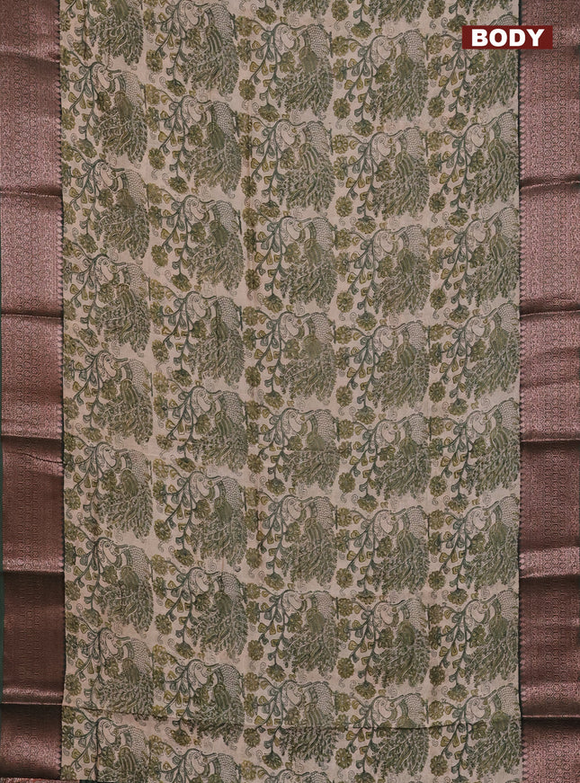 Chanderi silk cotton saree beige and green with allover kalamkari prints and banarsi style border