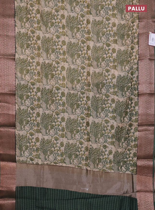 Chanderi silk cotton saree beige and green with allover kalamkari prints and banarsi style border