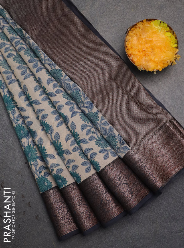 Chanderi silk cotton saree cream and dark grey with allover floral prints and banarsi style border