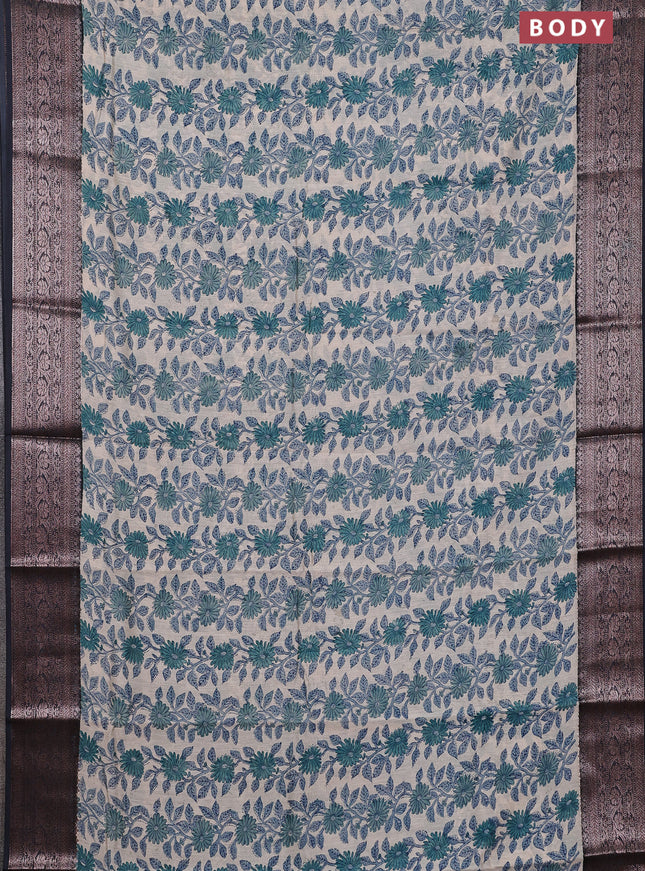 Chanderi silk cotton saree cream and dark grey with allover floral prints and banarsi style border