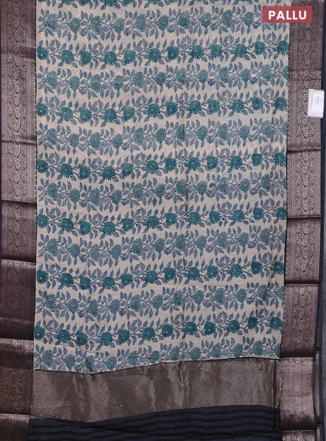 Chanderi silk cotton saree cream and dark grey with allover floral prints and banarsi style border