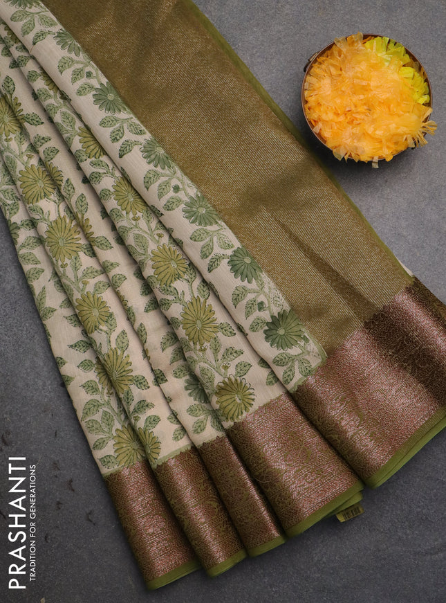 Chanderi silk cotton saree cream and mehendi green with allover floral prints and banarsi style border