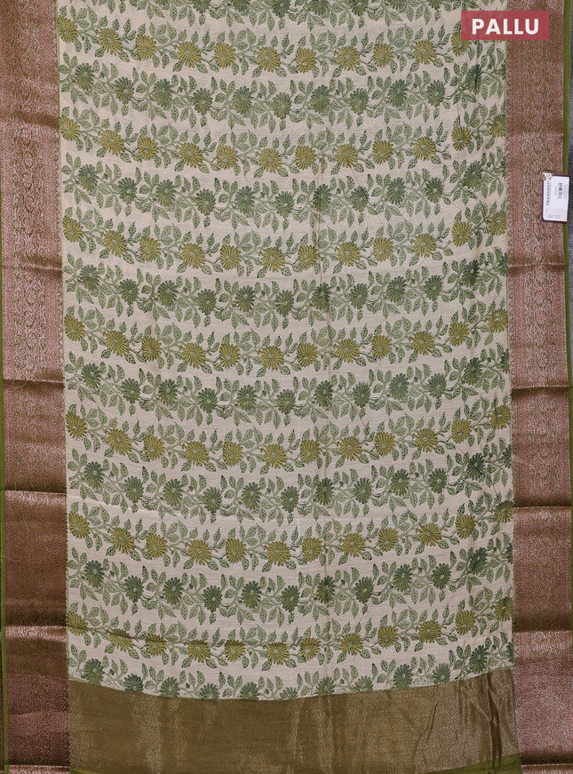 Chanderi silk cotton saree cream and mehendi green with allover floral prints and banarsi style border
