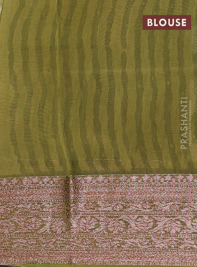Chanderi silk cotton saree cream and mehendi green with allover floral prints and banarsi style border