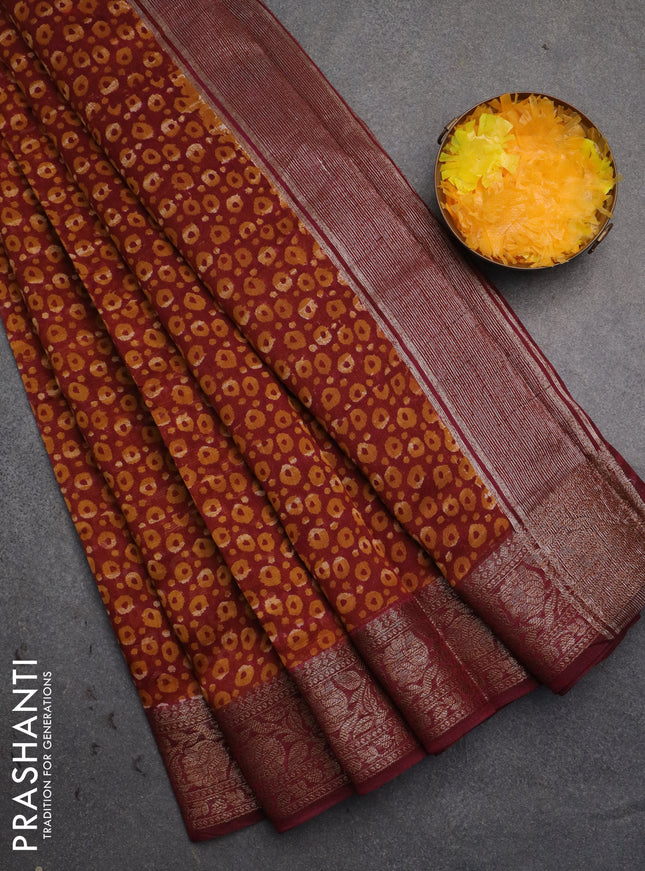 Chanderi silk cotton saree mustard yellow and maroon with allover prints and banarsi style border