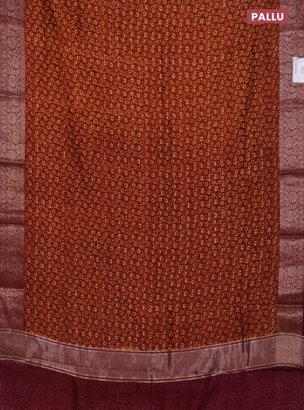 Chanderi silk cotton saree mustard yellow and maroon with allover prints and banarsi style border