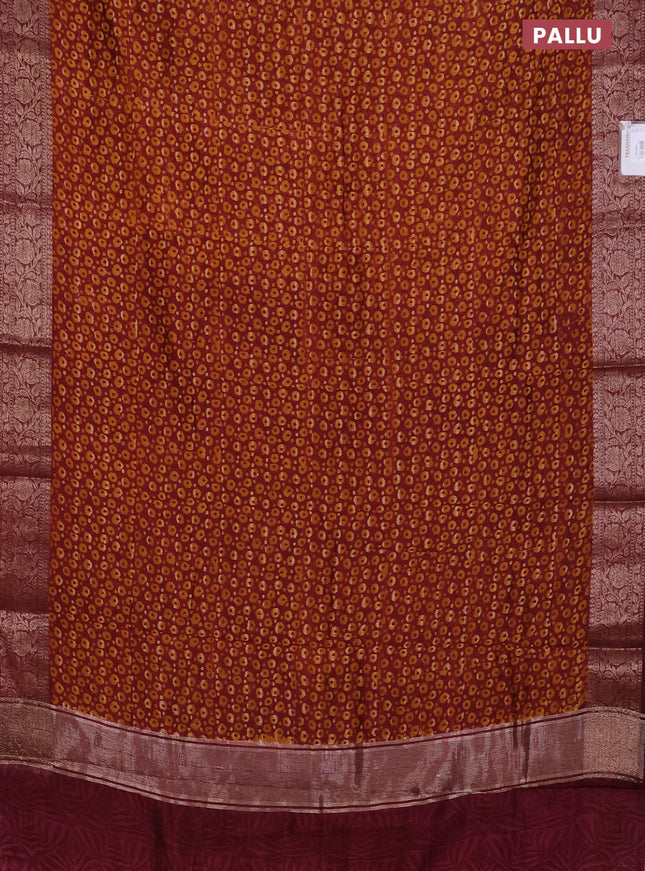 Chanderi silk cotton saree mustard yellow and maroon with allover prints and banarsi style border