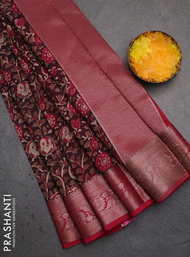 Chanderi silk cotton saree wine shade and pink with allover kalamkari prints and banarsi style border