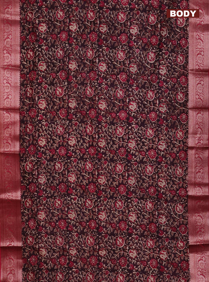 Chanderi silk cotton saree wine shade and pink with allover kalamkari prints and banarsi style border