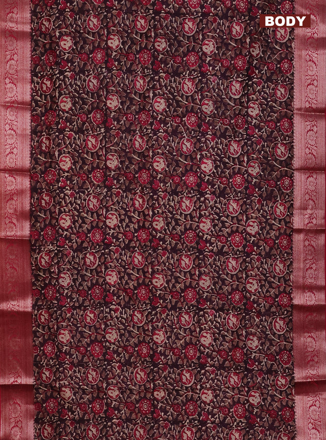 Chanderi silk cotton saree wine shade and pink with allover kalamkari prints and banarsi style border