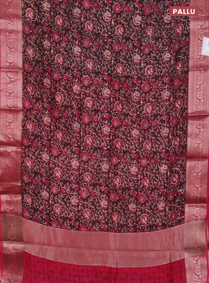 Chanderi silk cotton saree wine shade and pink with allover kalamkari prints and banarsi style border