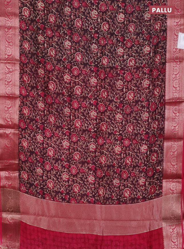 Chanderi silk cotton saree wine shade and pink with allover kalamkari prints and banarsi style border