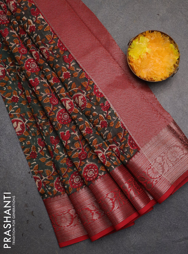 Chanderi silk cotton saree dark green and red with allover kalamkari prints and banarsi style border