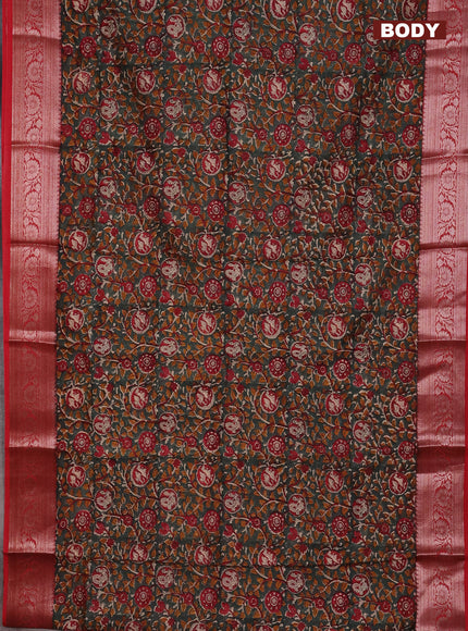 Chanderi silk cotton saree dark green and red with allover kalamkari prints and banarsi style border
