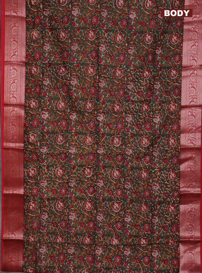 Chanderi silk cotton saree dark green and red with allover kalamkari prints and banarsi style border