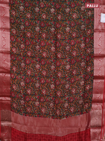 Chanderi silk cotton saree dark green and red with allover kalamkari prints and banarsi style border