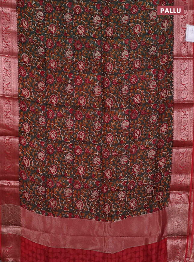 Chanderi silk cotton saree dark green and red with allover kalamkari prints and banarsi style border
