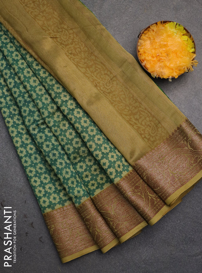Chanderi silk cotton saree green and mustard green with allover prints and banarsi style border