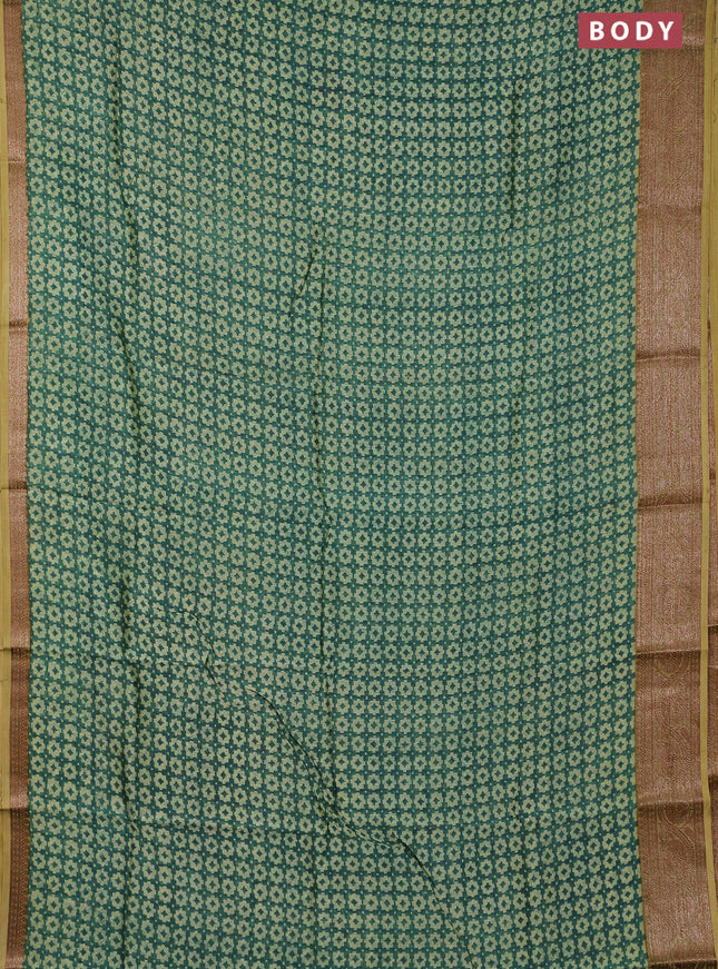 Chanderi silk cotton saree green and mustard green with allover prints and banarsi style border