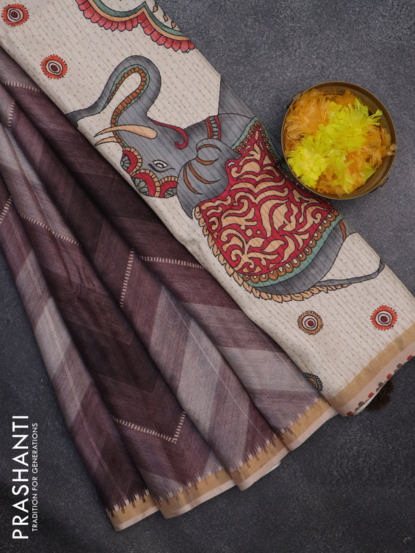 Semi tussar saree greyish brown and beige with allover zig zag saree and kalamkari printed pallu