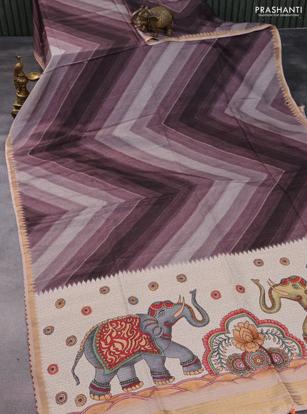 Semi tussar saree greyish brown and beige with allover zig zag saree and kalamkari printed pallu
