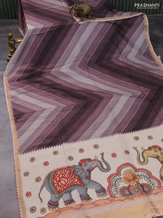 Semi tussar saree greyish brown and beige with allover zig zag saree and kalamkari printed pallu