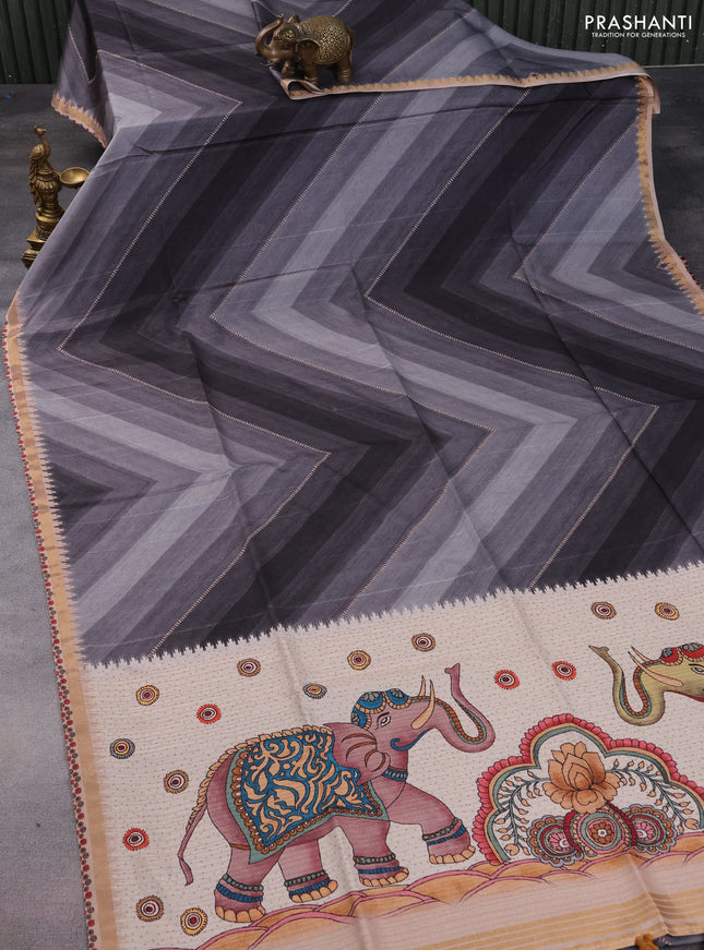 Semi tussar saree grey and beige with allover zig zag saree and kalamkari printed pallu