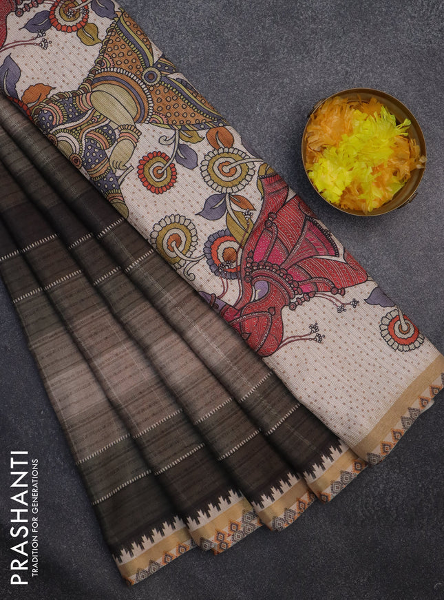 Semi tussar saree green shade and beige with plain body and kalamkari printed pallu