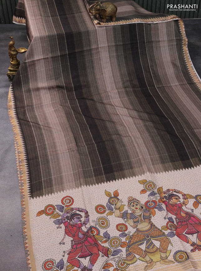 Semi tussar saree green shade and beige with plain body and kalamkari printed pallu