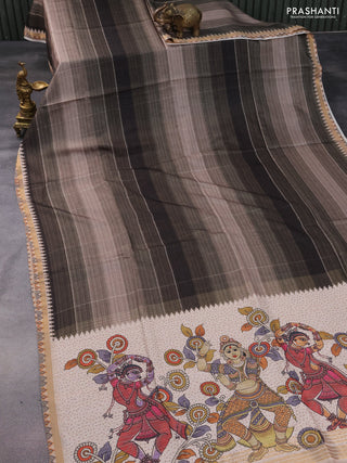 Semi tussar saree green shade and beige with plain body and kalamkari printed pallu