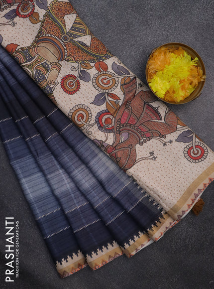 Semi tussar saree grey and beige with plain body and kalamkari printed pallu