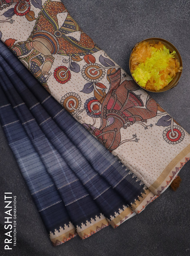 Semi tussar saree grey and beige with plain body and kalamkari printed pallu