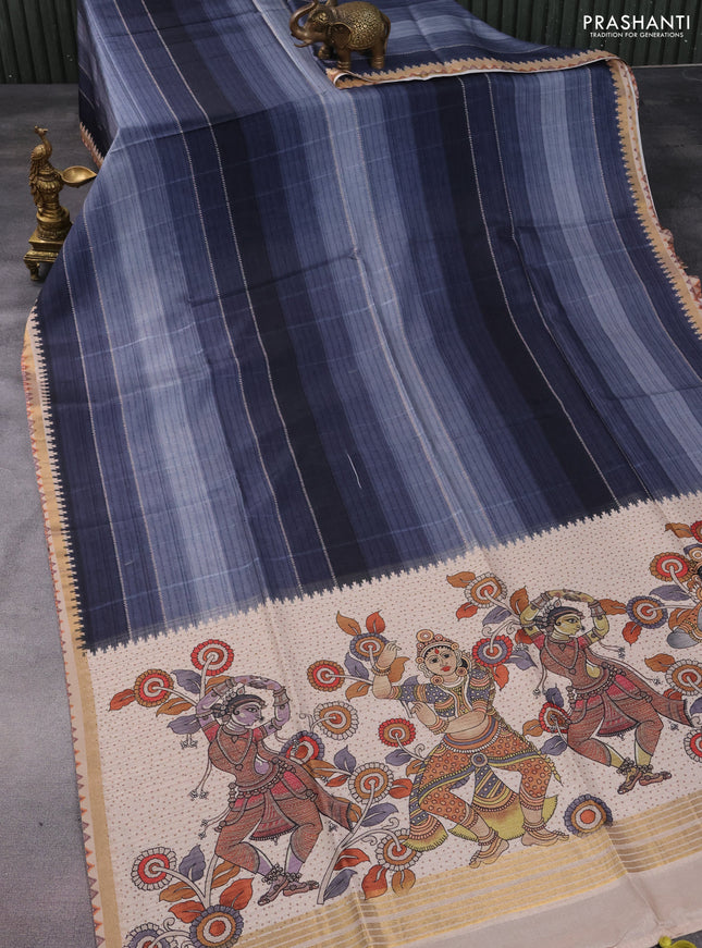 Semi tussar saree grey and beige with plain body and kalamkari printed pallu