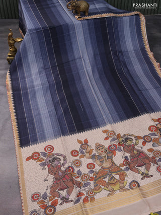 Semi tussar saree grey and beige with plain body and kalamkari printed pallu