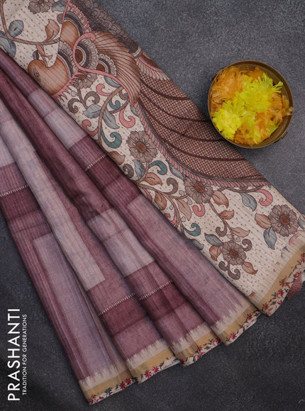 Semi tussar saree rosy brown and beige with allover geometric saree and kalamkari printed pallu