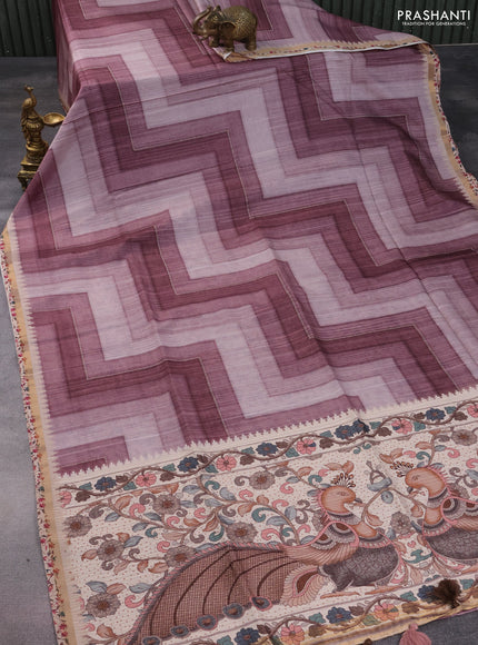 Semi tussar saree rosy brown and beige with allover geometric saree and kalamkari printed pallu