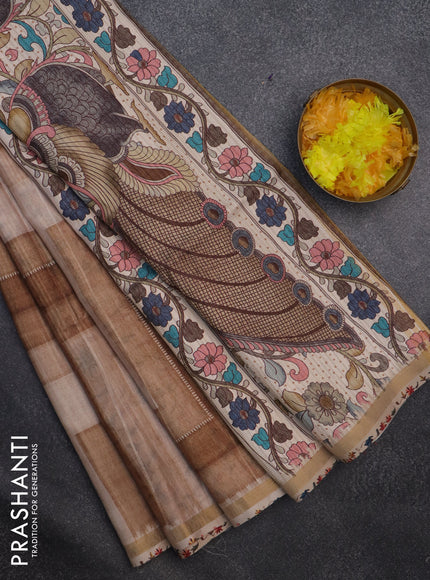 Semi tussar saree pastel brown and beige with allover geometric saree and kalamkari printed pallu