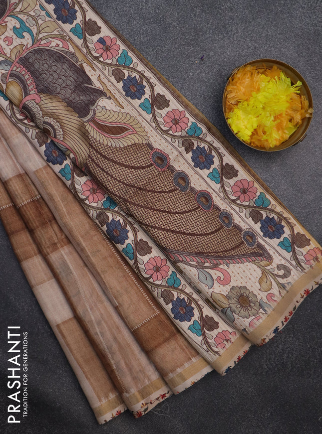 Semi tussar saree pastel brown and beige with allover geometric saree and kalamkari printed pallu
