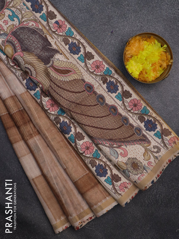 Semi tussar saree pastel brown and beige with allover geometric saree and kalamkari printed pallu