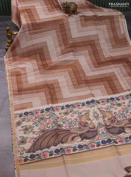 Semi tussar saree pastel brown and beige with allover geometric saree and kalamkari printed pallu