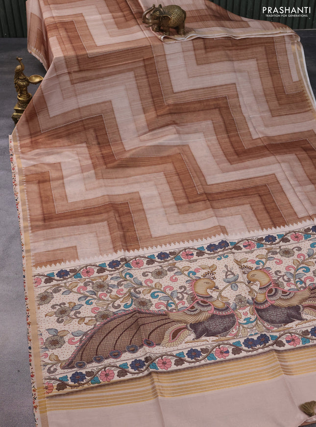 Semi tussar saree pastel brown and beige with allover geometric saree and kalamkari printed pallu