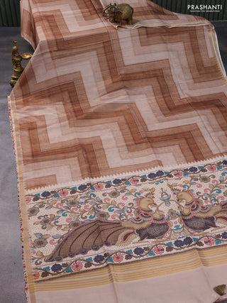 Semi tussar saree pastel brown and beige with allover geometric saree and kalamkari printed pallu