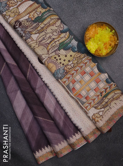 Semi tussar saree pastel wine shade and beige with allover zig zag saree and kalamkari printed pallu