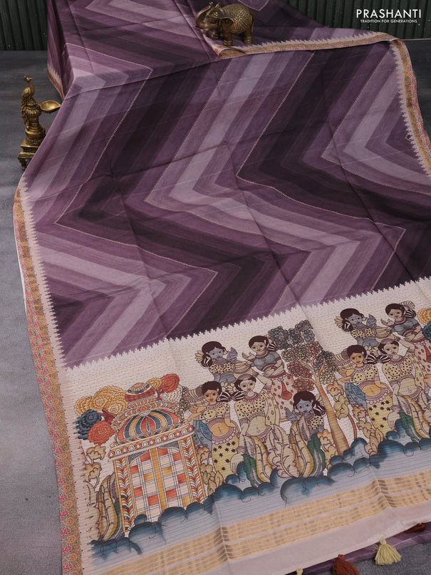 Semi tussar saree pastel wine shade and beige with allover zig zag saree and kalamkari printed pallu