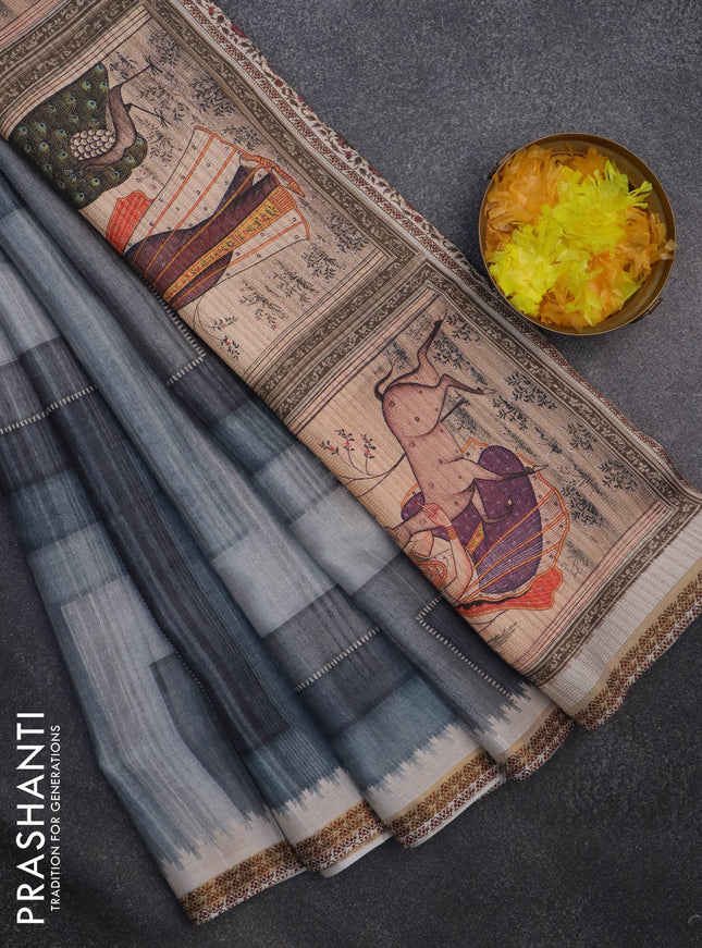 Semi tussar saree pastel green shade and beige with allover geometric saree and kalamkari printed pallu